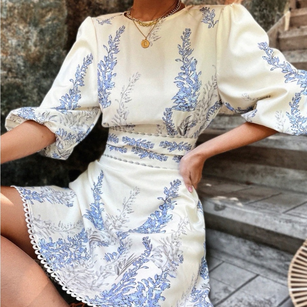 Shein plant print cut out tie back lantern sleeve dress